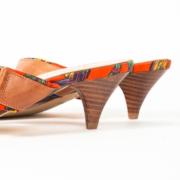 Hermes Brown Leather & Orange Printed-Silk Mule Sandals - Picture 10 of 11